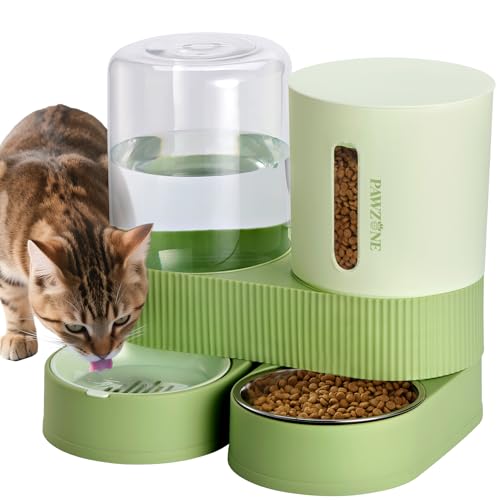 Automatic Cat Feeder Stainless Steel Water Dispenser Gravity Food Feeder and Waterer Set with Pet Food Bowl for Small Medium Kitten Puppy Pets Large Capacity(Green) - color: Green
