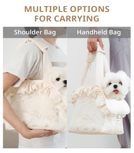 ONECUTE Dog Carrier for Small Dogs Rabbit cat with Lace Design, Cotton Bag, Dog Carrier Soft Sided, Collapsible Travel Puppy Carrier (Beige, 9.4" L x 5.9" W x 9.4" H) - color: Beige Lace, size: 9.4" L x 5.9" W x 9.4" H