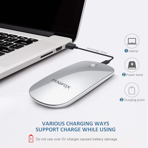 FENIFOX Wireless Bluetooth Mouse, Slim Travel Silent Rechargeable Silver | Flat, Portable, Whisper Quiet, 3 Buttons Design , 2400 DPI Precision for iPad Laptop MacBook Tablet iPhone - color: Silver