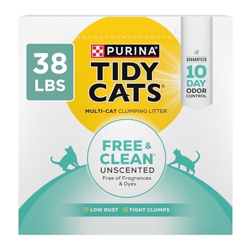 Purina Tidy Cats Free and Clean Unscented Clumping Cat Litter, 38 lb Box | Activated charcoal delivers lasting odor control, made without fragrances or dye, clumping - size: 38 Pound (Pack of 1)