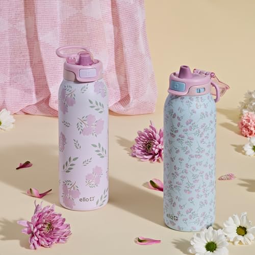 Ello Pop & Fill Insulated Stainless Steel Water Bottle with Quick Fill Lid, Leakproof Locking, Sip or Chug Spout, BPA-Free, Double Wall Vacuum Insulated for Sports, Travel & School- 22oz / 32oz / 40oz - color: Blossom Bliss, style: 22oz