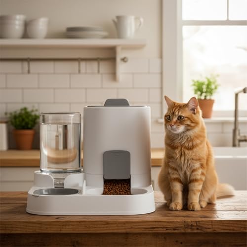 Automatic Cat Feeder and Water Dispenser 2-in-1 Food Bowl Station | Gravity Station for Small Cats Dogs Kitten Puppy, Auto Feeding Supplies, Automatic Cat Food and Water Dispenser
