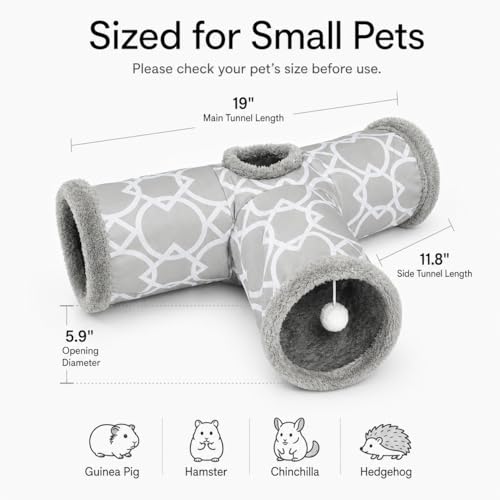 Plush Inside 3-Way Shape Small Animals Tube Tunnel with Interactive Ball for Guinea Pig, Hamster, Chinchilla, Hedgehog Hiding and Resting, Geometric Grey - size: L