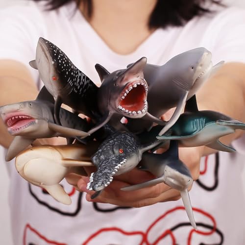 8 Pack Shark Toys with Booklet, Realistic Shark Figurines | Soft plastic ocean animal figures with booklet for under sea play, party decorations, cake toppers, bath play, and gifts