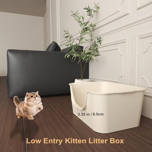 Low Entry Cat Litter Box with High Sides - Open-Top Anti-Splash, Durable Easy-Clean Pan for Kittens, Munchkin Cats, Senior Medium-Sized Cats & Small Pets (Rabbits), 19.3”x13.3”x7.8” Beige
