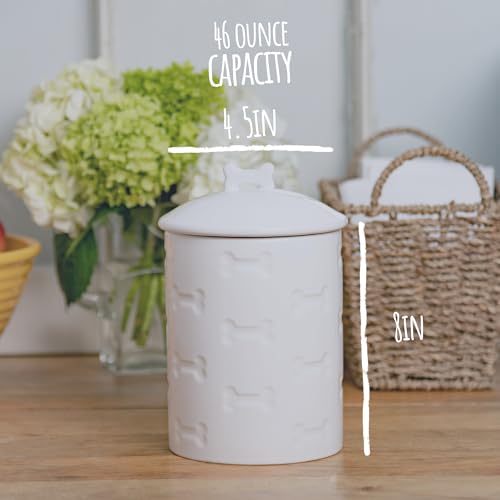 Ceramic Treat Jar, Kitchen Countertop Container for Dogs, Cats, Puppies and More, Chic Container with Airtight Lid for Cookies, Biscuits and Treats (Manor) (Bones, White, 1.4 Qt) - color: White
