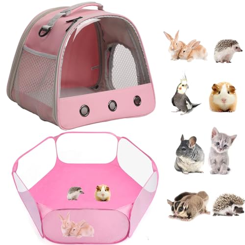 2-Pack Guinea Pig Carrier and Playpen Set - Breathable Pet Playpen Pop Open Outdoor/Indoor Exercise Fence, Portable Small Animal Backpack for Bearded Dragon, Rabbits, Hamster, Chinchillas - color: Pink