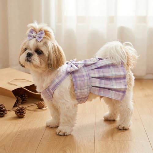 Cute Plaid Dog Dress Clothes for Small Dogs Cats Girl Purple Plaid Dog Dress with Pearls Bow Tie Harness Leash for Spring Summer Birthday Puppy Bunny Rabbit Yorkies Chihuahua Outfits - size: M