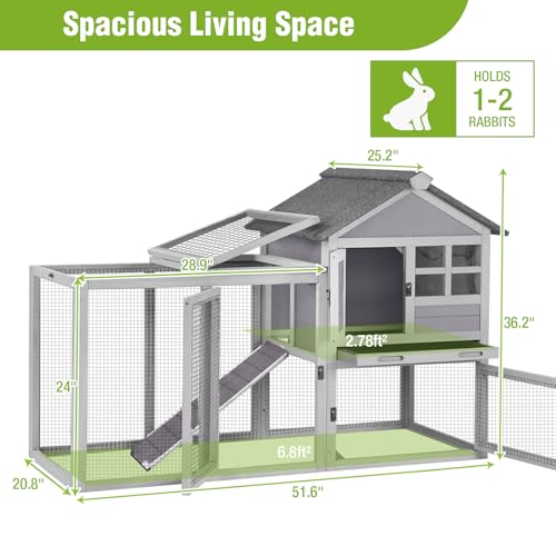 Outdoor Rabbit Hutch with Run, 2-Tier Fir Wood Bunny Cage, Waterproof Roof, Pull-Out Tray, Secure Latches, 51.6 x 20.8 x 36.2 in, Grey - color: Grey, size: 51.6"L x 20.8"W x 36.2"H