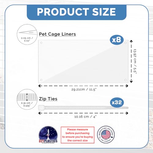 8 Pack Pet Cage Liner 11.5" x 5.5" with Holes Zip Ties Urine Guard See Through Clear Sheet Cage Edge Liners Rabbit Guinea Pig Side Lining Habitat Siding No Mess Tiles Protection by Marketing Holders - size: 1 Count (Pack of 8)