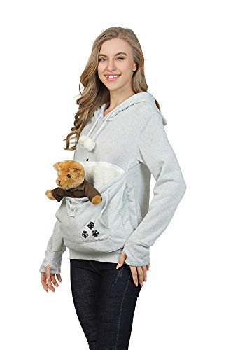 Womens Pet Carrier Sweater Dog Cat Pouch Hoodies Plus Size Tops - color: Grey, size: Small