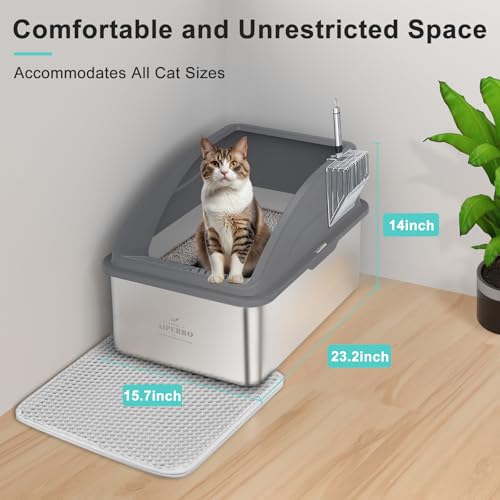 AIPERRO Stainless Steel Litter Box | XXL Deepened 8" Design Enclosed Box with Lid for Big Cats | High Sided, Anti-Urine Leakage | Non-Stick Bottom & Includes Litter Mat & Metal Scoop - color: Dark Grey, size: XX-Large