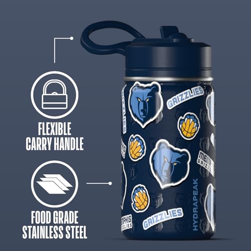 Hydrapeak NBA Officially Licensed Memphis Grizzlies Mini 14oz Kids Stainless Steel Water Bottle with Straw Lid & Flexible Handle, Double Wall Insulated, Spill Proof, Perfect for Back to School - color: Memphis Grizzlies
