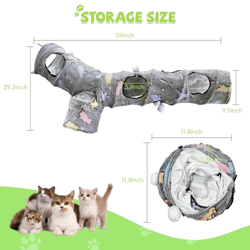Cat Tunnels for Indoor Cats, Self-Luminous Cat Tunnel with Plush Ball, 3 Way Kitten Tunnel Collapsible, Cat Play Tunnel with Interactive Peephole for Large Cat, Puppy, Kitten - color: 59"-Self-Luminous