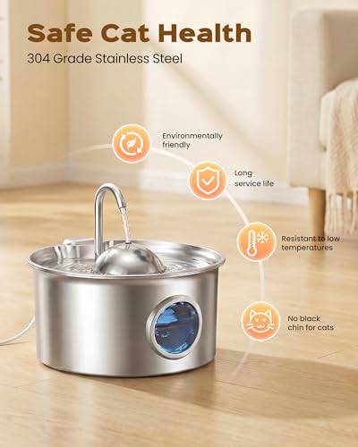 Pet Water Fountain Stainless Steel: 8 Filters + 8 Sponges Cat Fountains for Drinking - Metal Pet Fountain - Running PetFountain Filtered - DCTROD 88oz/2.6L Faucet Pet Bowl Dispenser Fountains