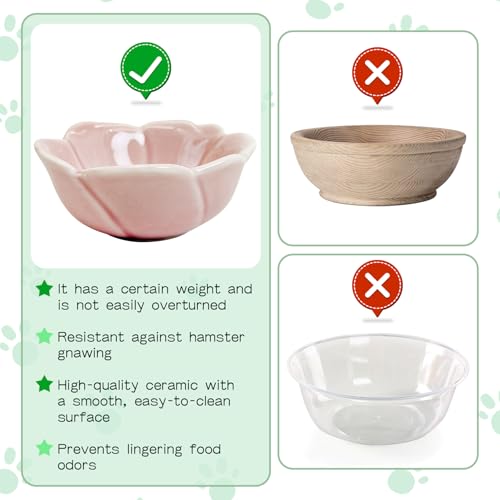 BNOSDM 2 Pcs Hamster Ceramic Food Bowl Flower Series Gerbil Drinking Bowls Anti-Turning Food & Water Dish for Dwarf Syrian Hamsters Gerbil (Pink, Rose Pattern, 3.74“ x3.74“ x1.77“) - color: Pink