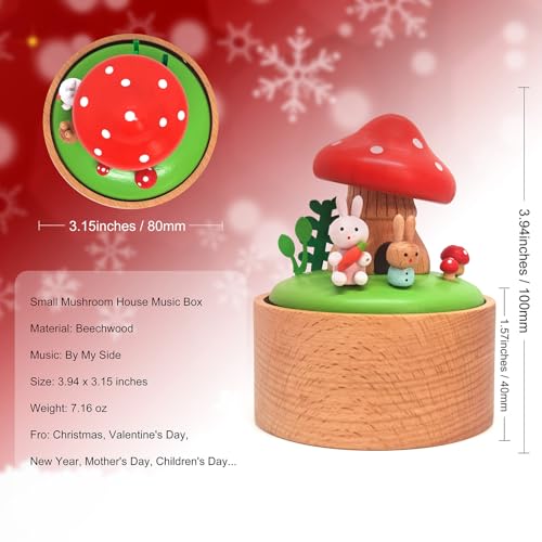 Mushroom House Mini Music Box, Palm Sized Rabbit Mushroom Wooden Mechanical Musical Box, for Mother Friend Grandmother
