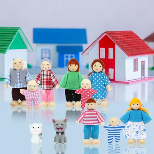 ONEST 11 Pieces Wooden Dollhouse Family Set Mini People Figures Sets Dollhouse Dolls Wooden Doll Family Pretend Play Figures Accessories for Pretend Dollhouses - style: Vivid Style
