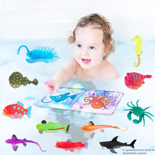Color Changing No Hole Bath Toys with 2 Glow in The Dark Toys & Bath Book | Bath Toys for Kids Toddlers, Color Changing Squishy Sea Animal Bathtub Toys, Water Table Toys Sea Creatures Fish Toys