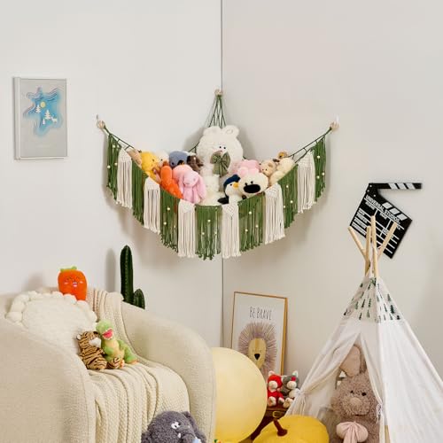 Stuffed Animal Hammock with Weaving Tassels and Beads Avocado Green - color: Avocado Green