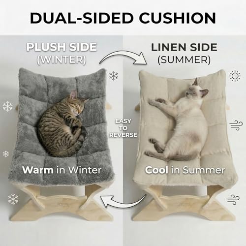 JSPYFITS Elevated Cat Bed Hammock, Raised Cat Bed with Dual-Sided Plush & Linen Cushion, Machine Washable & Breathable Cover Tool Free Easy Assembly, up to 66Lbs (Gray) - color: Cozy Grey
