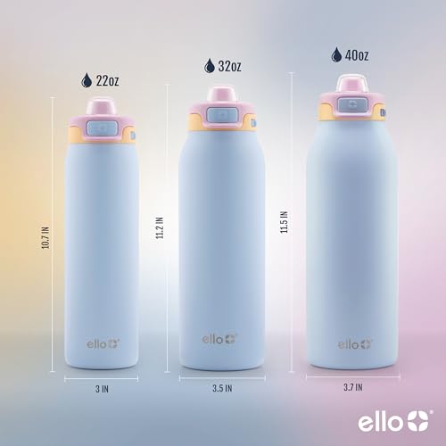 Ello Pop & Fill Insulated Stainless Steel Water Bottle with Quick Fill Lid, Leakproof Locking, Sip or Chug Spout, BPA-Free, Double Wall Vacuum Insulated for Sports, Travel & School- 22oz / 32oz / 40oz - color: Coastal Sunrise, style: 22oz