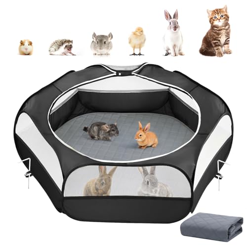 Pawaboo 2-in-1 Small Animals Playpen with Pad, Black+Gray | Waterproof, Reusable Pad, Portable Outdoor Yard Fence with 3 Metal Rod, For Chick/Kitten/Guinea Pig/Rabbits/Chinchillas - color: U-Black + Gray