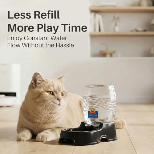 Flexzion Automatic Gravity Pet Waterer for Cat & Dog - Non-Skid & Easy-Clean Auto Replenish Water Dispenser Drinking Bowl (1/4 Gallon/ 900ml), Black