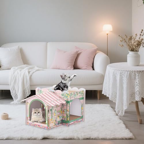 Lineshading 2 Story Cardboard Cat House with Scratcher Pad, Multi Level Durable Cat Scratcher House for Small Kitten Bunny Rabbit Animals Christmas Birthday Gift(17x12x10,Florist) - style: Florist