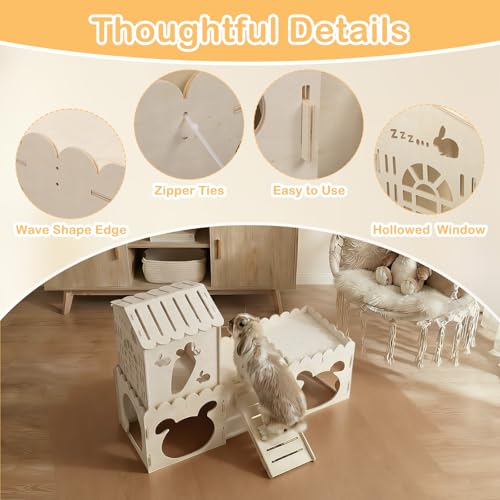 Large Rabbit House with 2PCS Rabbit Scratch Mat, Wooden Bunny Castle with 4 Houses Indoor, Guinea Pig Cage Multistory Climbing Tower Sturdy Wooden Castle, Small Animal Hideaway Tunnel - size: 4 Houses with Pad