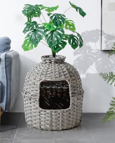SETVSON Cat Litter Box Plant Enclosure, Hidden PE Rattan Litter Box, Gray | Decorative Planter Design, Handwoven Washable PE Rattan, Removable Top with Artificial Plant & Stones Included, Easy Cleaning - color: Grey
