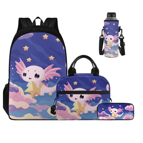 Cartoon Axolotl Bookbag for Girls with Lunch Box Water Bottler Holder and Zipper Clouser Pencil Case for Boys Kids Compartment 6Th Grade School Bag Big Capacity 4 in 1 Primary Backpack - color: Cartoon Axolotl