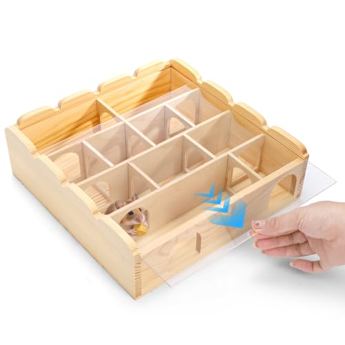 Wooden Hamster Maze with Clear Acrylic Cover, Multi-Chamber Hamsters Hide Tunnel Cage, Hideout Tunnel Toy Shed and Explore Toy for Dwarf Hamsters Mice Small Gerbil（Free-Installation）