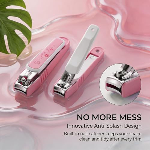 PAFASON Ultra Sharp Nail Clipper Set, Fingernail and Toenail Trimmer Cutter, Stainless Steel, Curved Blade, Sturdy, Nail Catcher, Nail Files for Men and Women - color: Pink