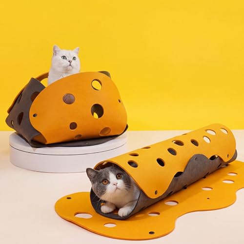 ZEZE Cheese Cat Tunnel for Indoor Cats, Felt Peek Hole Hide Tunnel Toy with Snap Buttons, Foldable Interactive Cat Play Mat for Hide & Seek and Indoor Enrichment