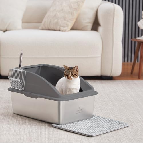 AIPERRO Stainless Steel Litter Box | XXL Deepened 8" Design Enclosed Box with Lid for Big Cats | High Sided, Anti-Urine Leakage | Non-Stick Bottom & Includes Litter Mat & Metal Scoop - color: Dark Grey, size: XX-Large