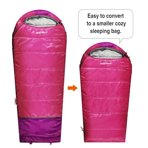 REDCAMP Kids Mummy Sleeping Bag for Camping, 3 Season Cold Weather Sleeping Bag Fit Boys,Girls & Teens, Blue/Rose Red - color: Rose Red with 2.4lbs Filling