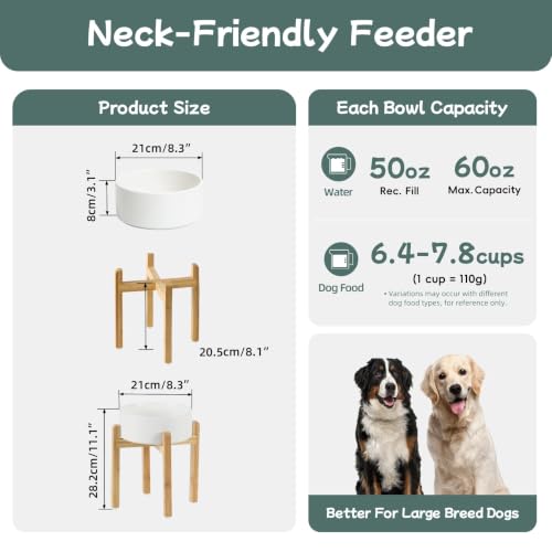 Havniva Dog Bowls Elevated, Ceramic Dog Food and Water Bowl | 8.3” Raised Dog Food Bowl, Elevated Dog Bowls with Bamboo Stand, Non-Slip Dog Water Bowl for Large Dog, Large Capacity - color: Matte White, size: 8.3" - Bowl+Stand