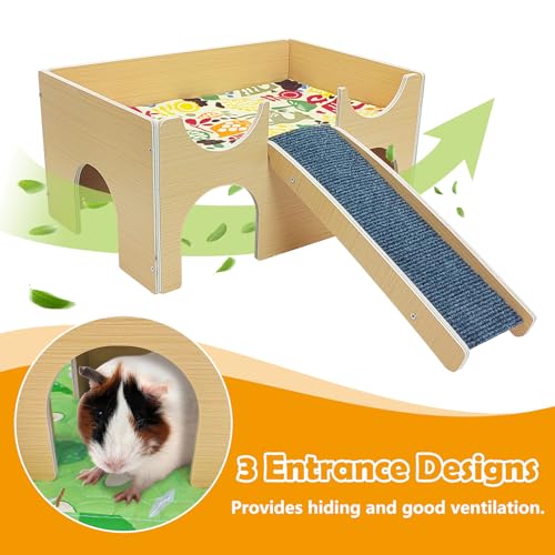 Fhiny Guinea Pig Hideout, Wooden Guinea Pig Castle with Ramp Bridge and Soft Mat Large Small Animal House Piggies Hideaway Hamster Habitat Decor for Chinchilla Hedgehog Squirrel Hamster Gerbil Rat