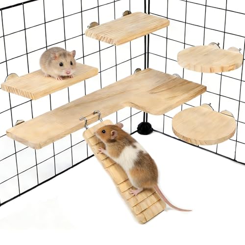 Hamster Cage Platform L-Shaped Wooden Hamster Cage Accessories Rat Climbing Toys Ledge with Ladder for Sugar Glider Mice Mouse Chinchilla Squirrel (L) - size: L