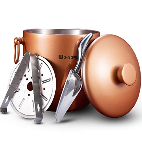 Ice Bucket with Lid, Scoop, Tongs and Strainer - Well Made Insulated Stainless Steel Keep Ice Frozen Longer - Ideal for Cocktail Bar, Parties, Chilling Wine, Champagne - 3 Liter (Copper) - color: Copper