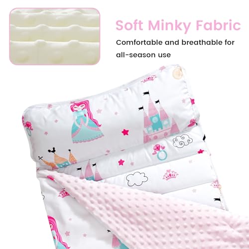 david's kids Toddler Nap Mat with Removable Pillow and Minky Fleece Blanket, 55"x23",Ultra Soft Slumber Bags for Girls, Perfect for Preschool, Daycare, Kids Sleeping Bags with Rollup Design, Princess - color: Princess