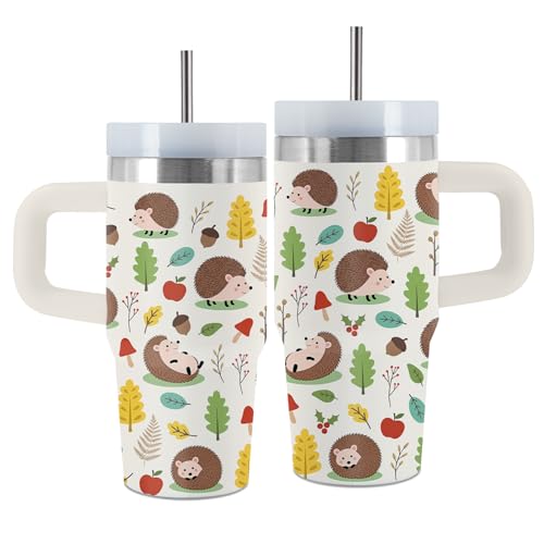 Hedgehog 14oz Tumbler, with Handle Straw, Stainless Steel Sport Cup | 14 oz Insulated Water Bottle, Travel Vacuum Coffee Mug, Thanksgiving Christmas Birthday Gift for Daughter, Animal Lover Gifts - color: Hedgehog-White