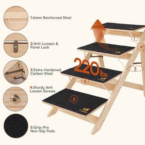 Luciphia Wooden 2-in-1 Dog Stairs, 4-Step Foldable Anti-Slip Pet Steps | For beds, cars, and couch, supports up to 220lbs, ideal for small, aged, and injured dogs and cats, indoor and outdoor use