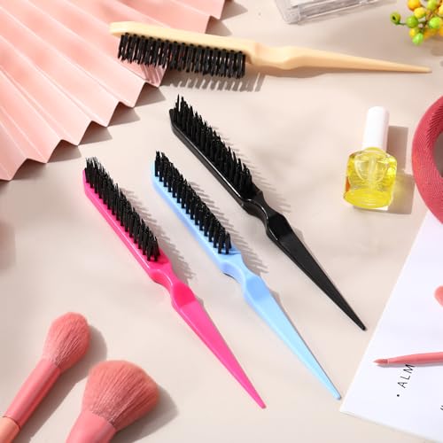 Yaomiao 6 Pcs Teasing Brush Set, 3 Row Nylon Rat Tail Combs for Fine Hair, Back Combing, Root Lifting, Scalp Massage, Hair Brushes for Women Salon Home Use(Black, Blue, Rose Red, Yellow) - color: Black, Blue, Rose Red, Yellow