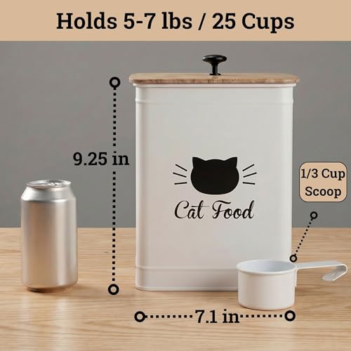 Metal Cat Food Container with Scoop 5-7 lb (25 Cup), w/ Airtight Bamboo Lid | Cat Kibble Canister with Metal Scoop, 25 Cups, Chew Proof Iron Body, Powder Coated, Airtight Bamboo Lid, Sturdy Metal Handle - color: White