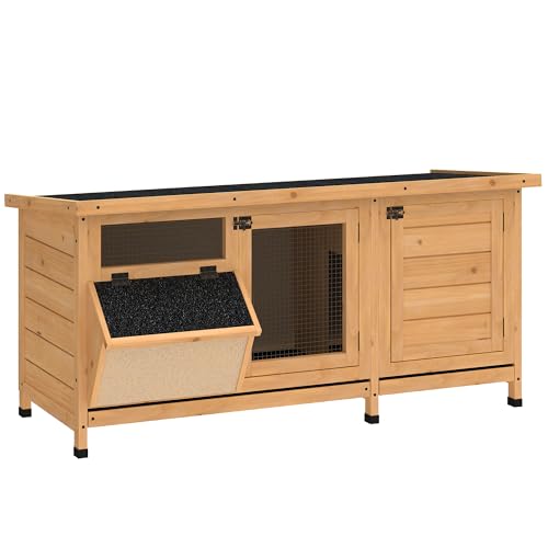 PawHut Wooden Rabbit Hutch Bunny Hutch Cage Guinea Pig with Waterproof Roof, No Leak Tray and Feeding Trough, Indoor/Outdoor, Natural | Bunny Hutch Cage, Guinea Pig, Feeding Trough, for Rabbits, Chickens and Ducks, Indoor/Outdoor - color: Yellow