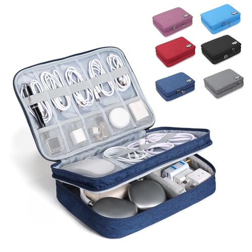 Electronic Organizer Travel Case, Double Layer Cable Organizer Bag | Double-layer design with adjustable dividers, mesh pockets and elastic loops for chargers, cables, power banks and gadgets - color: blue