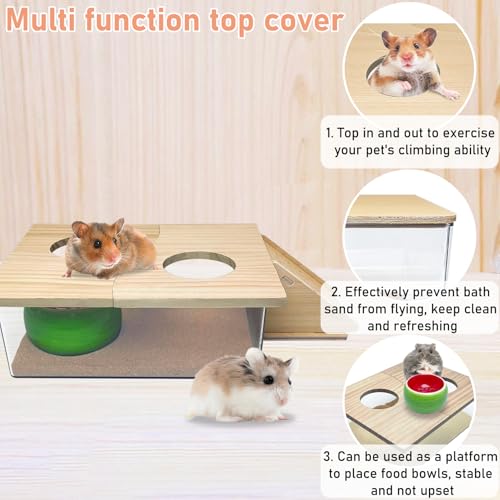 PINVNBY Hamster Sand Bath Box, Transparent Acrylic Shower, Gerbils Digging Room Container with Climbing Ladder and Ceramic Bowl, Litter Box for Hamsters Guinea Pigs Mice (Two Hole)