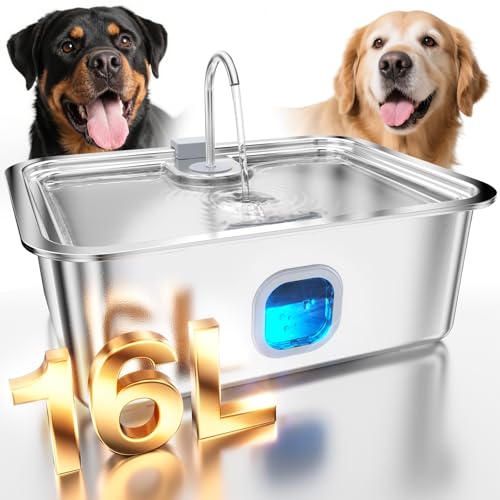 4.2Gal Dog Water Fountain for Large Dogs, 16L Stainless Steel Large Dog Fountain Water Bowl with Deeper & Wider Drinking Tray, Automatic Pet Water Dispenser with Visible Window for Multi-Pets Families